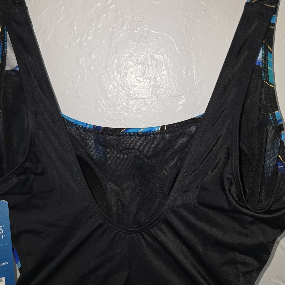 Great Lengths Swimsuit 10 One Piece Lined Shelf Bra Blue Black Gold Floral - Picture 5 of 7